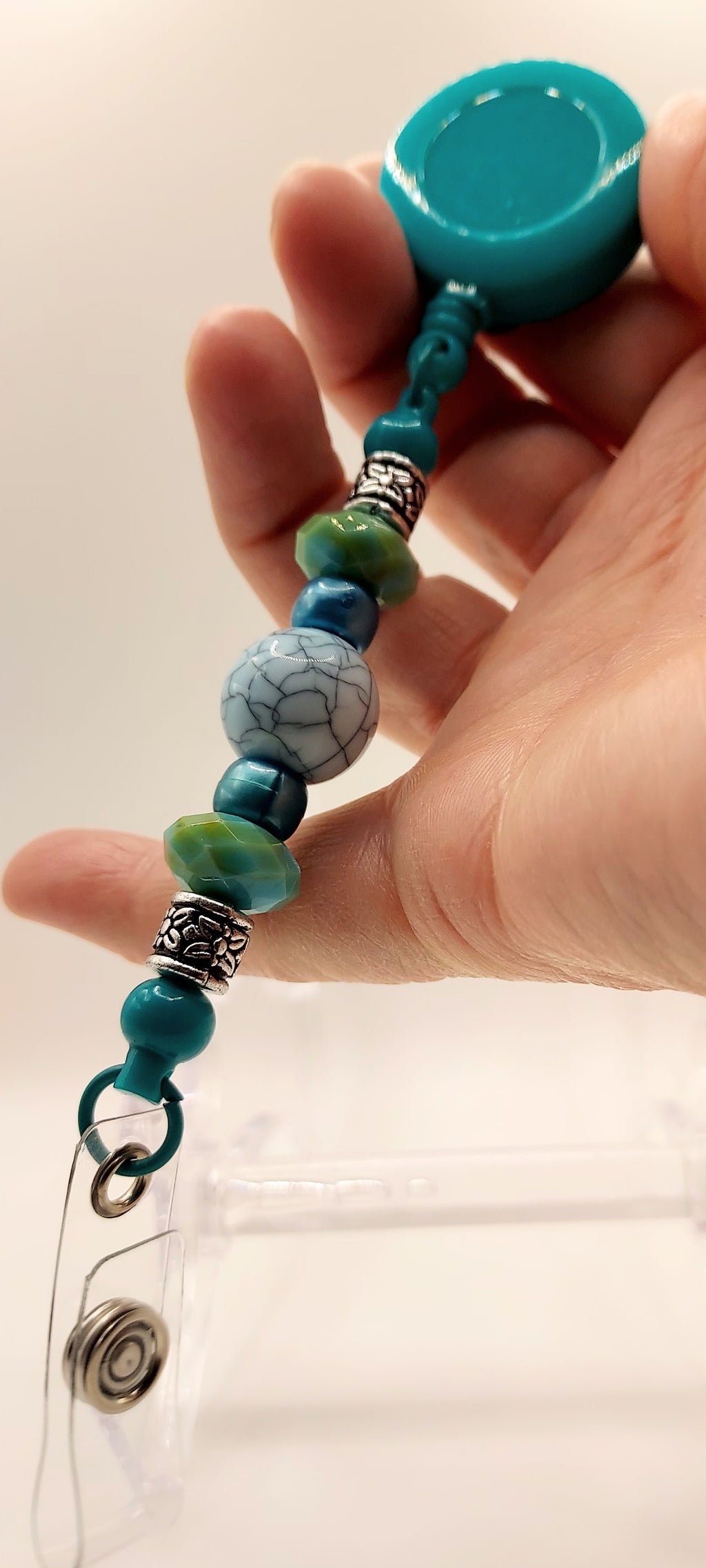 Unique Aqua Beaded Fidget Badge Reel