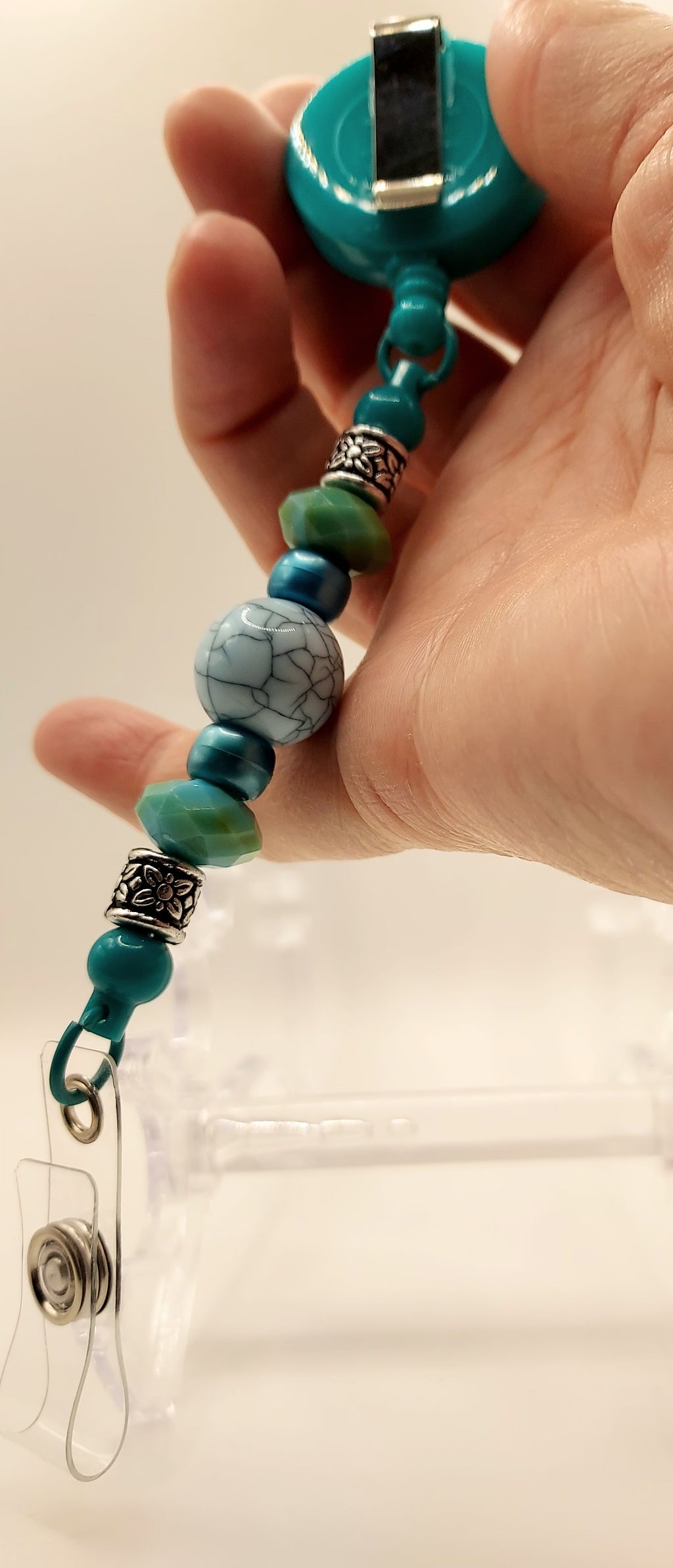 Unique Aqua Beaded Fidget Badge Reel