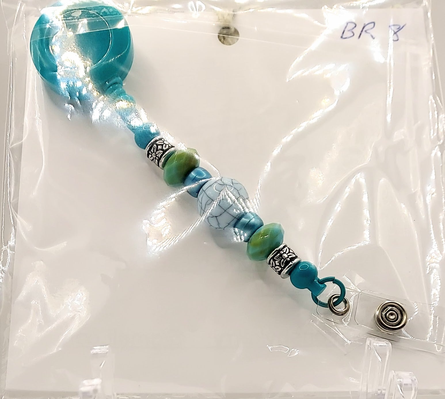 Unique Aqua Beaded Fidget Badge Reel